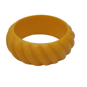 VTG Bangle Bracelet Bright Yellow Plastic Diagonal Ridges Sunny Summer 3" wide
